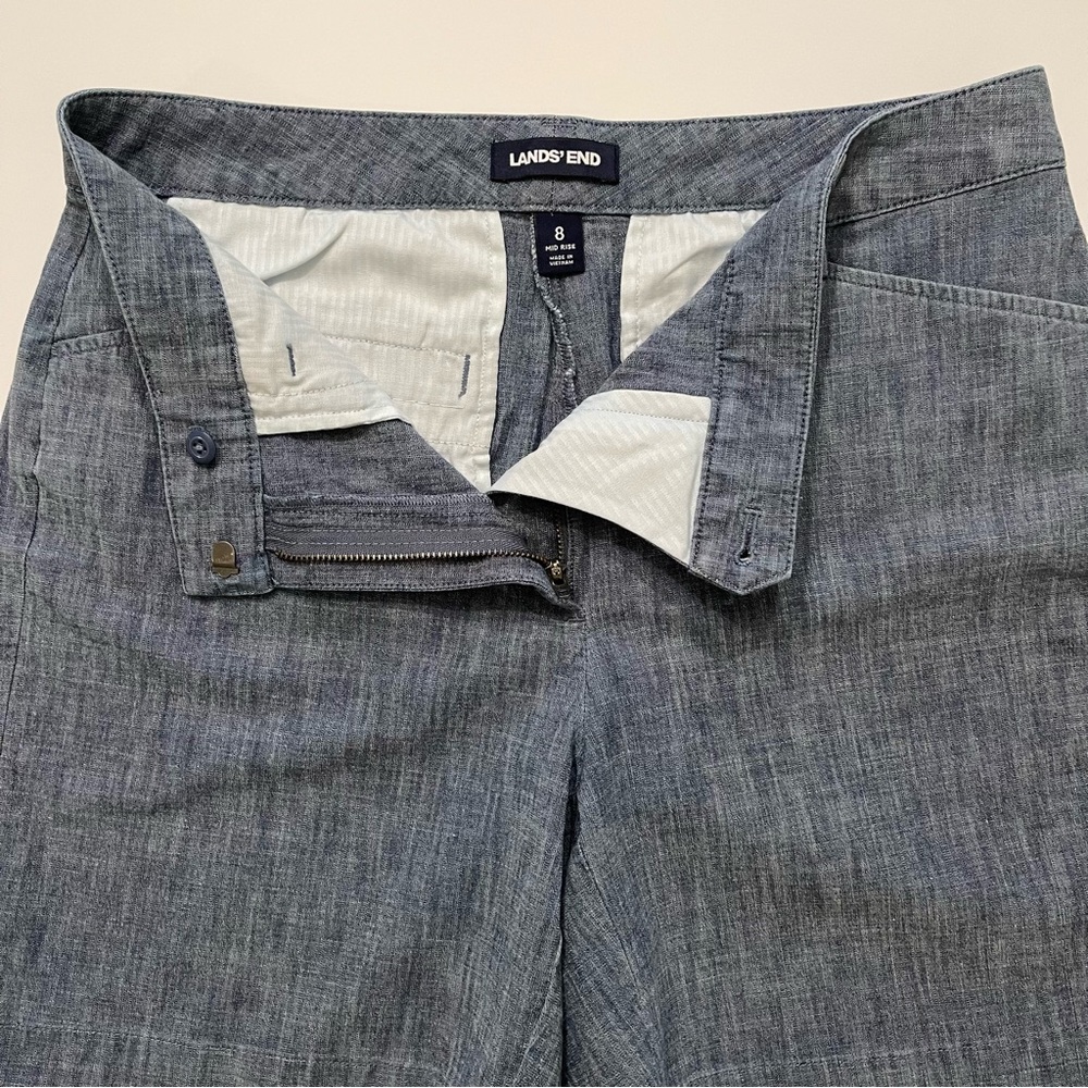 Lands’ End Women's 7" Mid-Rise Chino Tailored Blue Cotton Chambray Shorts 8 - Picture 4 of 10